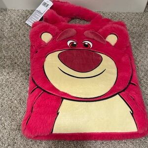 NWT Disney Disneyland pink Lotso Bear Fuzzy Tote with strawberry charm
